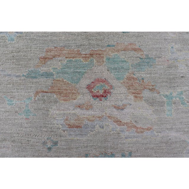 Textile Modern Oushak Floral Motif Design in Light Green Background and Colorful Design For Sale - Image 7 of 12