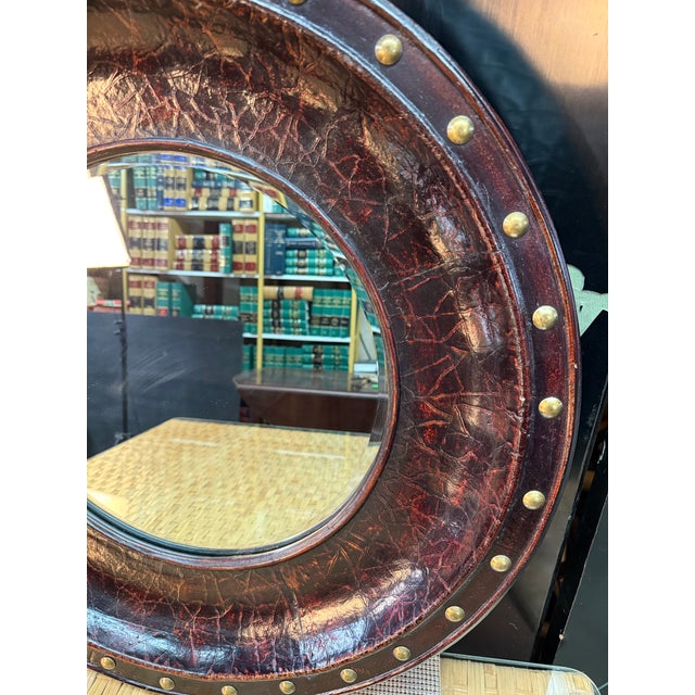 English Late 20th Century Round Distressed Leather-Like Covered Mirror Brass Nailheads For Sale - Image 3 of 11