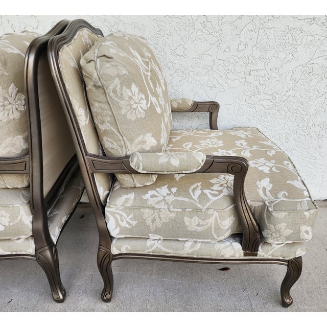 Vintage French Louis XV Armchairs Damask Linen Pair For Sale - Image 12 of 16