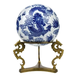 Mid 20th Century Chinoiserie Blue White Prosperity Dragon Rug Ball Orb on Solid Brass Dragon Base