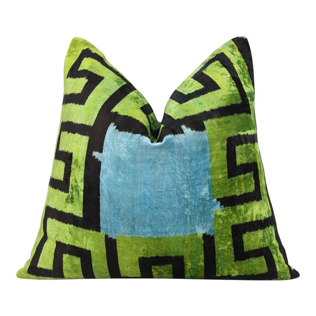 Greek Key Velvet Pillow in Green & Blue – Handmade 24x24 Inch Square For Sale