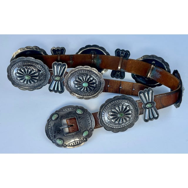 1930s Antique Silver and Turquoise 11 Concho Belt For Sale - Image 4 of 5
