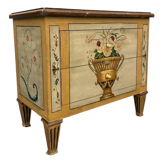 Vintage Hand-Painted Neoclassical Floral Urn Two-Drawer Accent Chest For Sale