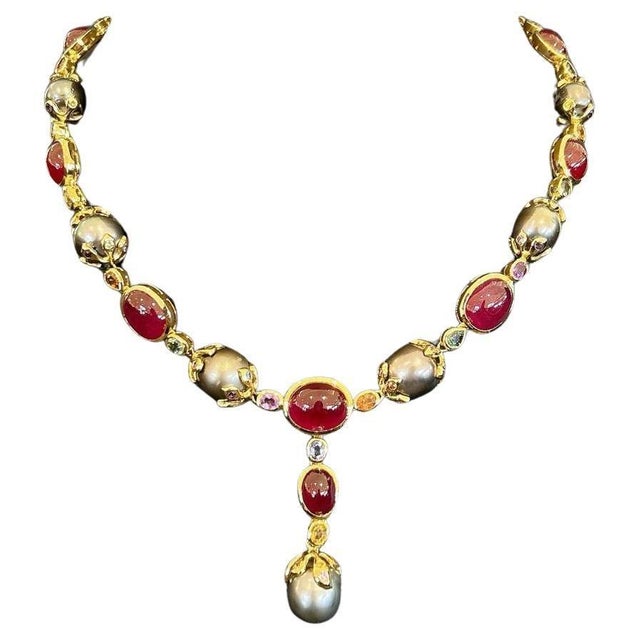 Bochic "Baroque" Ruby, Pearl & Sapphire Necklace Set In 18K Gold & Silver For Sale - Image 15 of 18