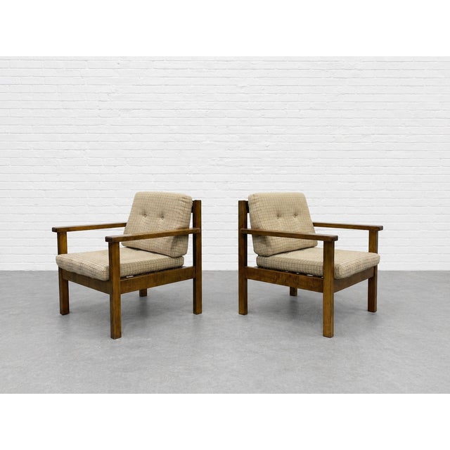 1960s Pair - Mid Century Modern Lounge Chairs | Solid Wood Frame Armchairs | Vintage Upholstered Walnut Chairs, C. 1960’s For Sale - Image 5 of 13