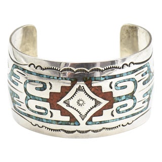 Late 20th Century Gibson Gene Navajo Sterling Silver Turquoise Inlay Cuff Bracelet For Sale