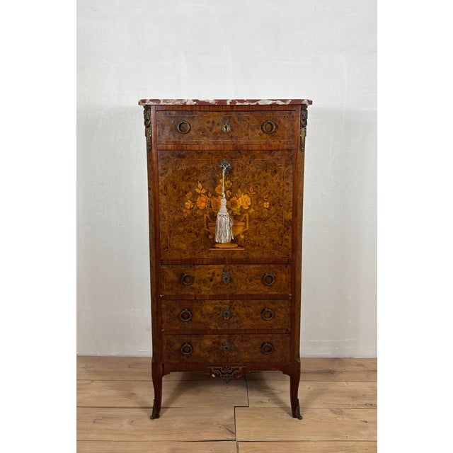 French Louis XVI Style Burl Wood Secretary Chest with Marble Top, 1930s For Sale - Image 6 of 16