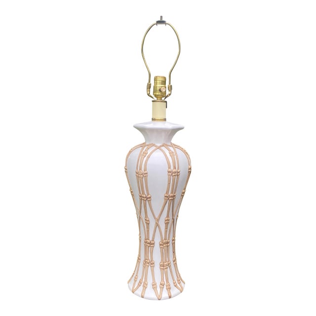 Tall ceramic mid century table lamp with bamboo trellis. Lamp measures 29” to the top of the finial , 20.5” to the top of...