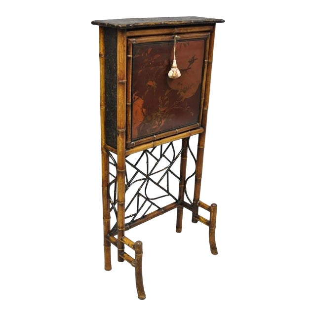 Antique English Victorian Bamboo Chinoiserie Compact Fall Front Secretary Desk For Sale