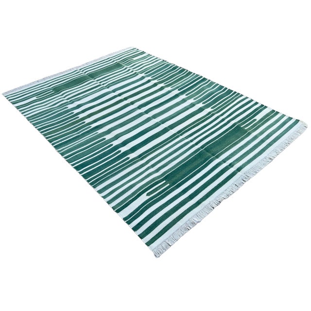 Mid-Century Modern Not Yet Made - Made To Order Handmade Cotton Natural Vegetable Dyed Reversible Forest Green White Striped Rug Dhurrie - 8'x10' For Sale - Image 3 of 11