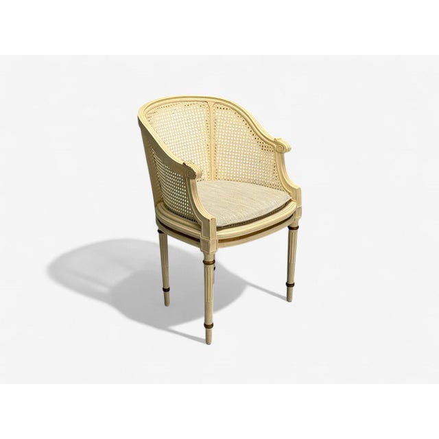 Louis XVI Style, Barrel Back Occasional Chair, Cream Painted Wood, Cane, 1960s For Sale - Image 4 of 11