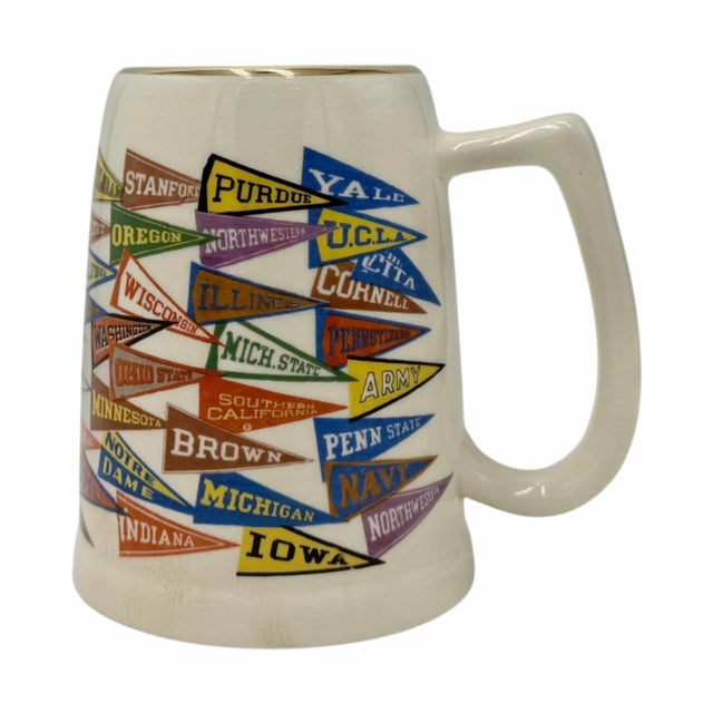 Details: -Vintage university pennants ceramic stein mug with gold trim -Wraparound design featuring college and university...