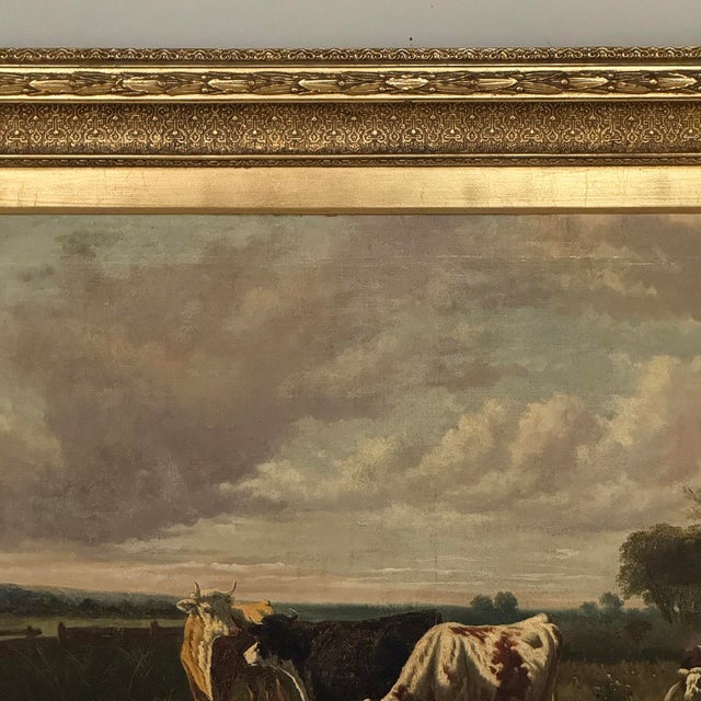 Dark Green Antique Oil Painting on Canvas by Henri Dupont (1890-1961) 'Grazing Cattle' For Sale - Image 8 of 18