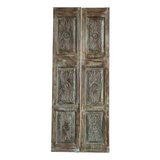 Vintage Sunburst Hand-Carved Barn Door | Reclaimed Wood French Doors 80x32 For Sale