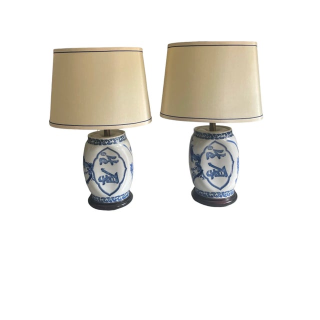 Antique Blue and White Lamp Set With Original Shades - A Pair For Sale In Chicago - Image 6 of 6