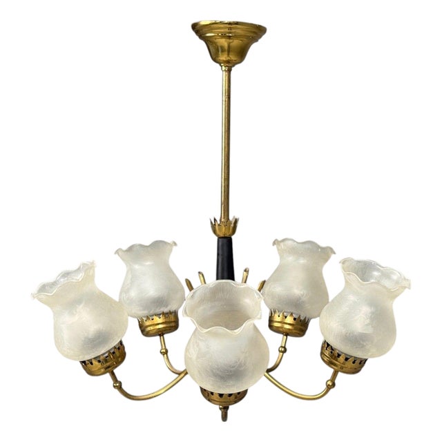 Swedish Modern, Pendant Light, Brass, Glass, Sweden, 1950s For Sale
