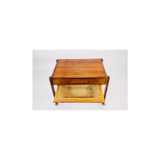 Mid 20th Century Near Pair of Danish Modern Sewing /Side Tables With Woven Baskets in the Style of p.j. Møbler – Rosewood & Teak For Sale - Image 9 of 11