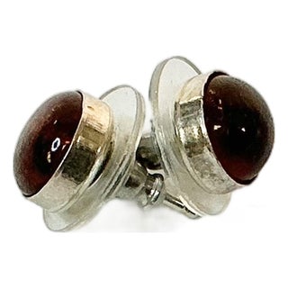 1970s Vintage Boho Chic Italian Amber & Sterling Pierced Button Stud Earrings - A Pair. For Sale