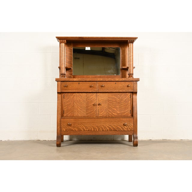 Antique American Empire Tiger Oak Sideboard With Mirrored Backsplash, Circa 1900 For Sale - Image 15 of 15