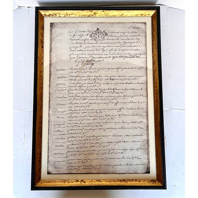 Framed copies of mid-1700s French documents. Beautiful penmanship recording property transactions affiliated with the...