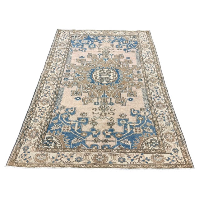 5x7 Vintage Rug | Ivory & Blue With Bold Stylized Medallion For Sale - Image 4 of 5