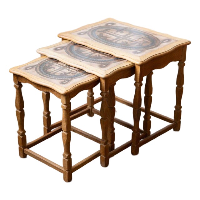 Attributed to Henning Kjærnulf Danish Oak & Tile Nesting Tables for Edmund Pedersen, 1970s For Sale