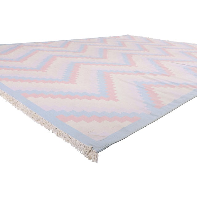 79605 Vintage Indian Dhurrie Rug, 10'00 x 14'00. The Pastel Rhythm: A Vintage Indian Dhurrie Masterpiece of Nordic Calm...