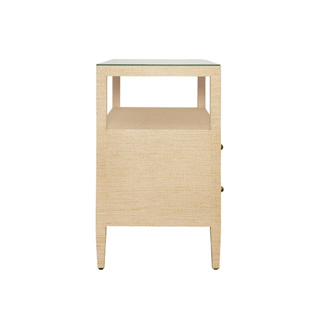 2020s Matthew Izzo Home Douglas Natural Grasscloth Two Drawer Side Table With Open Shelf, Glass Top, and Brass Knobs For Sale - Image 5 of 8