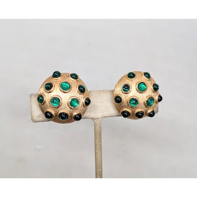 1960s Vintage 1960s Signed Trifari Round Goldtone Cabochon Faux-Emerald Clip Earrings-2 Pieces For Sale - Image 5 of 8