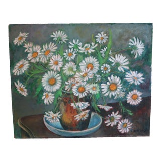 Vintage French Oil Painting of Daisies – Signed Floral Still Life For Sale