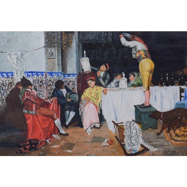 Spanish Interior Scene, the Party, 20th-century, Oil on Board, Framed For Sale - Image 3 of 9