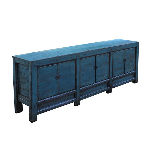 Chinese Distressed Teal Blue Lacquer Low Long Tv Console Chairish
