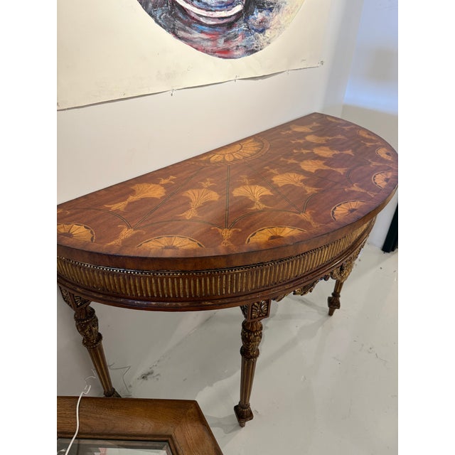 French Vintage Louis XVI Style Giltwood Marquetry Demilune Console Table For Sale - Image 3 of 9