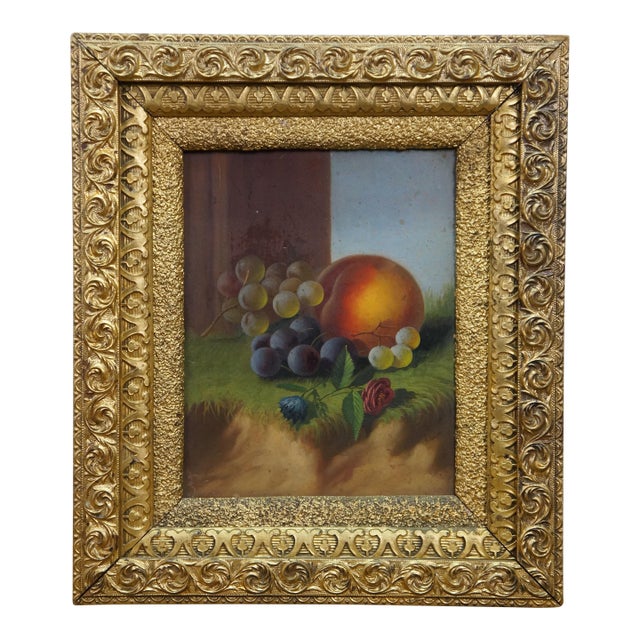 Antique Carducius Ream Peach Grapes Flowers Still Life Oil Painting on Board 15" For Sale