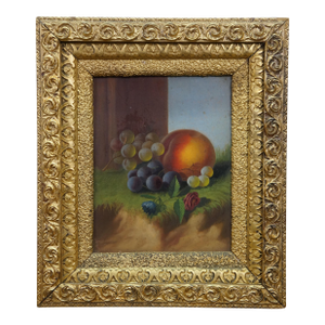 Antique Carducius Ream Peach Grapes Flowers Still Life Oil Painting on Board 15"