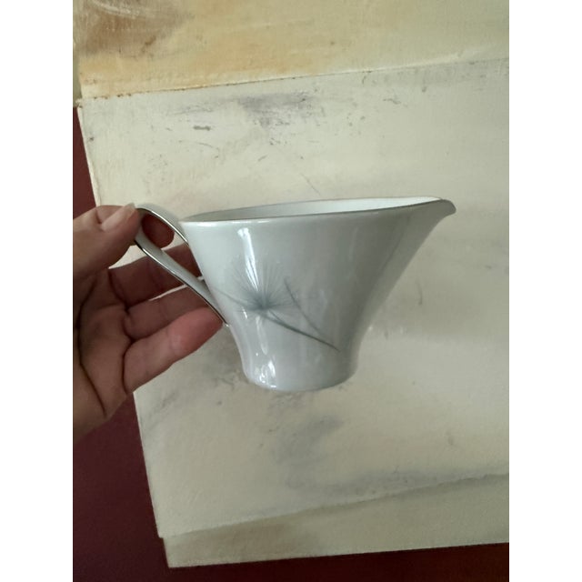 Ceramic 1950s Hutschenreuther Caribe Creamer and Covered Sugar Bowl German Porcelain White Blue Gray Platinum Rim Minimalist For Sale - Image 7 of 7