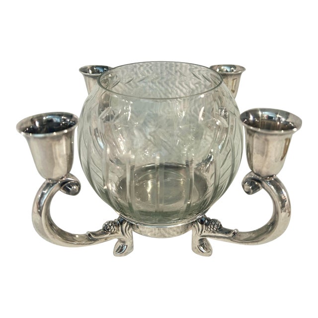 Mid 20th Century Reed and Barton #331 Silver Plate 4 Arm Candle Holder Centerpiece With Cut Crystal Bowl For Sale