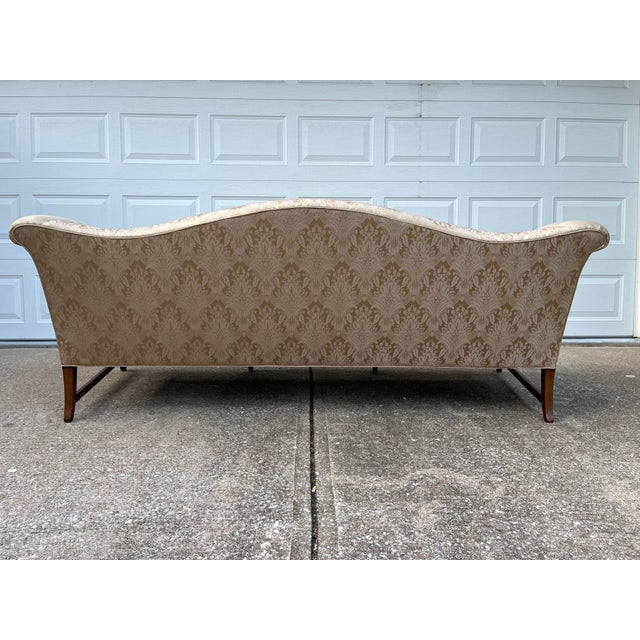 Scroll Arm Down Filled Camelback Sofa- Reupholstered in Golden Cream Damask Silk For Sale - Image 4 of 12