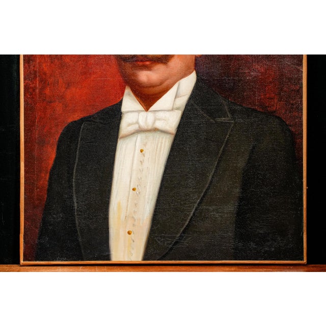 Refined Formal Victorian Era Tuxedo Gentleman Antique French Oil Painting on Canvas For Sale - Image 9 of 13