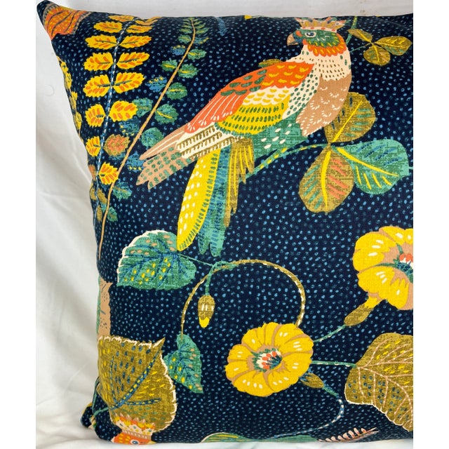 20" Square Decorative Throw Pillow With a Renaissance Look Floral Pattern Featuring Colorful Parrots on a Rich Blue Background - Made in the U K For Sale - Image 4 of 12