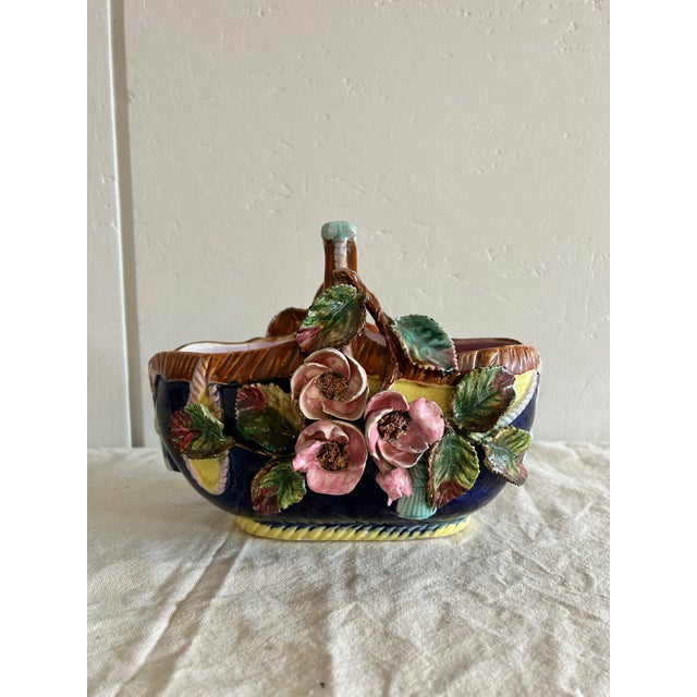 Antique French Barbotine Majolica Basket Vase Applied Rose Vase For Sale - Image 10 of 12