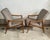An exquisite pair of 1940s French Mid-Century Modern wooden armchairs. Featuring a refined geometric wooden frame paired...