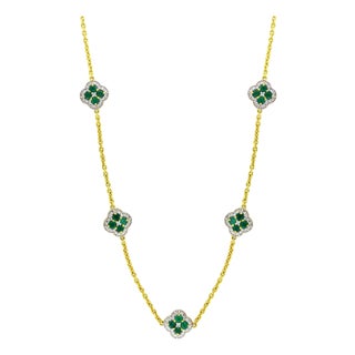 5 Clover Natural Emerald Cluster & Diamond Station Chain Necklace, 14 KYG, 17 Gm For Sale