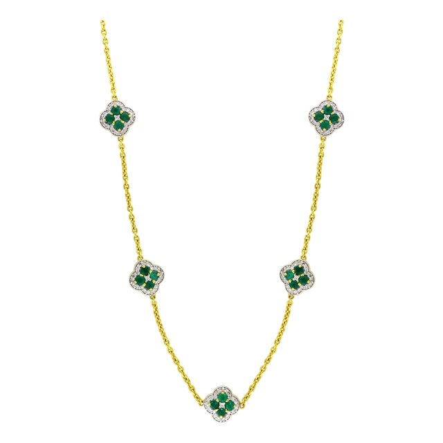 5 Clover Natural Emerald Cluster & Diamond Station Chain Necklace, 14 KYG, 17 Gm For Sale