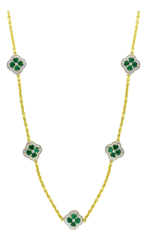 5 Clover Natural Emerald Cluster & Diamond Station Chain Necklace, 14 KYG, 17 Gm
