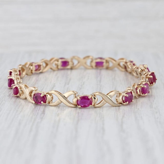 Gold 6.5ctw Ruby Tennis Bracelet 14k Yellow Gold X Infinity Link Chain 7.25" 5.1mm For Sale - Image 8 of 8