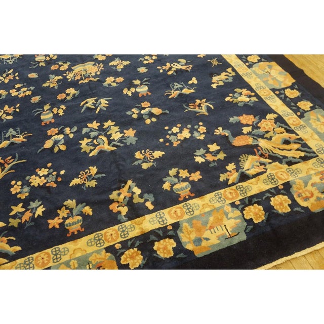 1920s Navy Blue Floral Shou Deco Antique Chinese Peking Knotted Rug 8'2" X 9'10" For Sale - Image 4 of 9