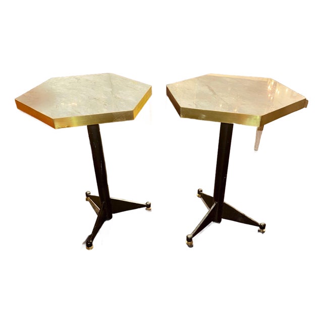 Pair of Italian Modern Black Steel and Marble Hex Tables For Sale