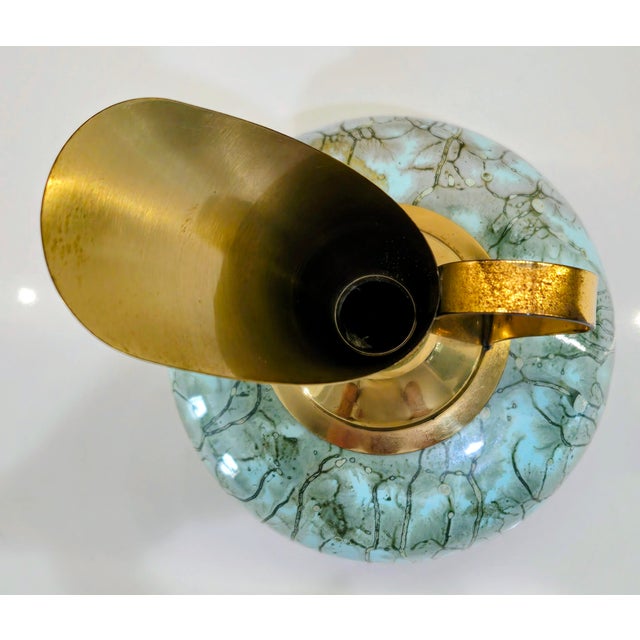 Metal 1960s Hand-Painted Delft Holland Brass and Aqua Ewer Vase For Sale - Image 7 of 9