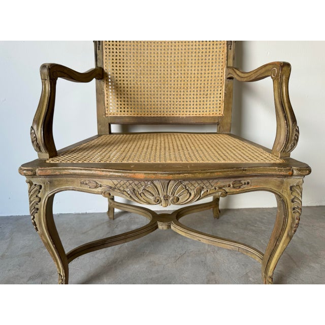 1970s Hollywood Regency French Louis XV Style Carved Wood Cane Fauteuil Armchair For Sale - Image 11 of 12